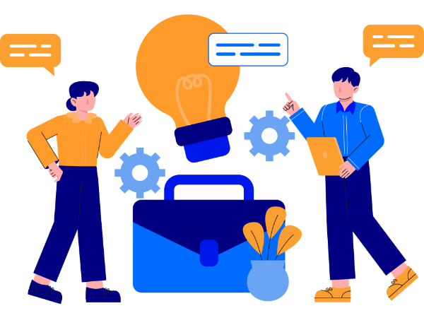 Two graphic characters in conversation with a briefcase and light bulb icon.